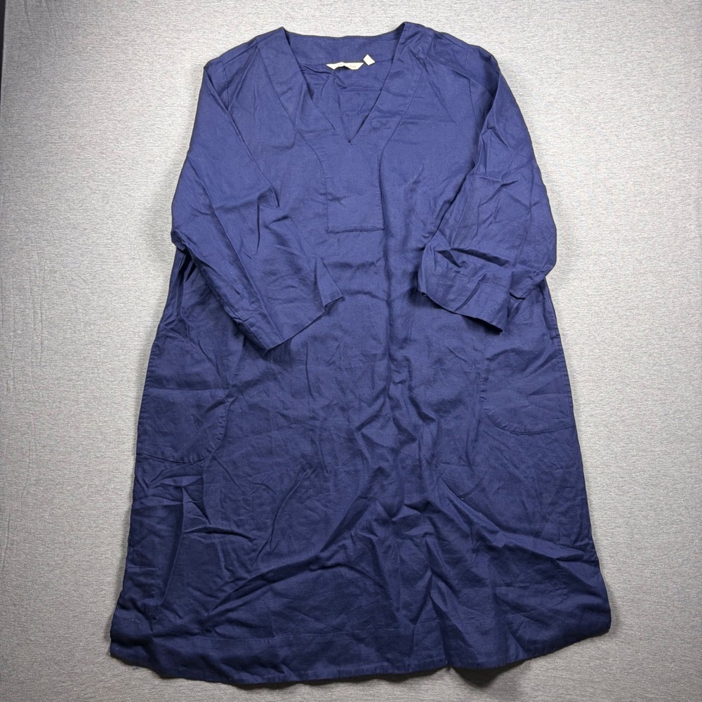 Soft Surroundings Linen Tunic Dress 1X Blue Boho V-Neck Pockets 5CD64